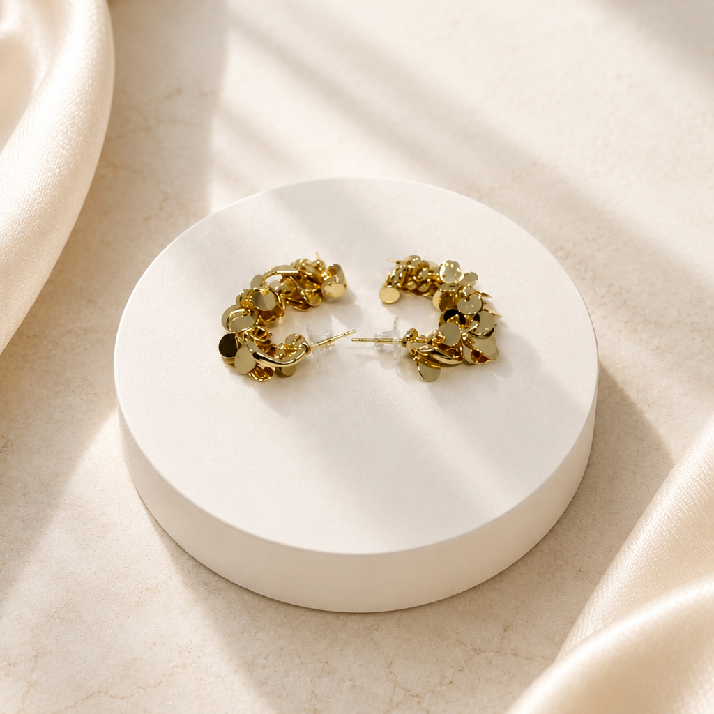 A pair of gold-toned floral hoop earrings displayed on a round white pedestal, set against a warm beige marble surface with draped cream fabric and soft window shadows.
