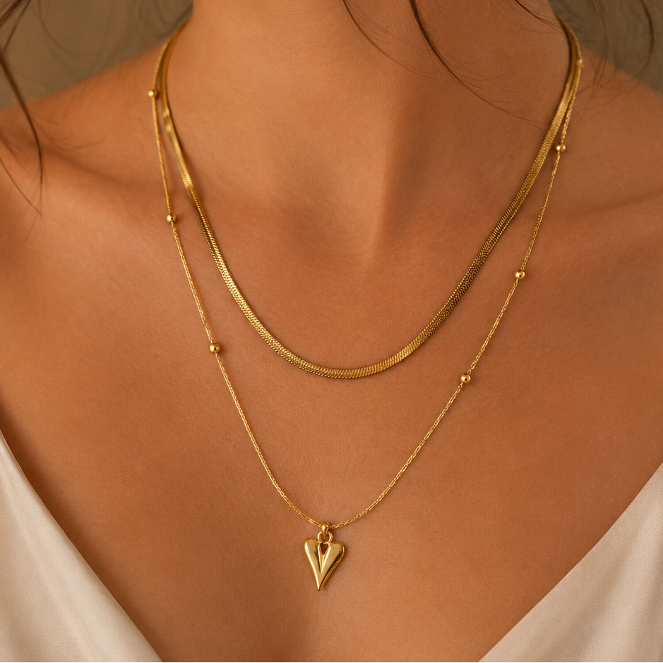 Gold necklace with a heart pendant on a person wearing a white top.